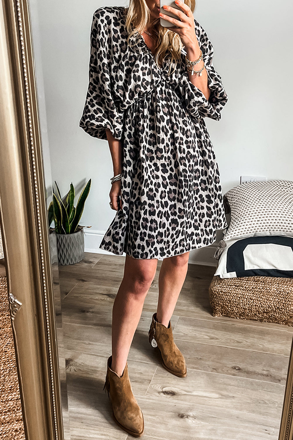 Pink Leopard Print Elasticated V Neck 3/4 Puff Sleeve Dress-Dresses/Mini Dresses-[Adult]-[Female]-Black-S-2022 Online Blue Zone Planet