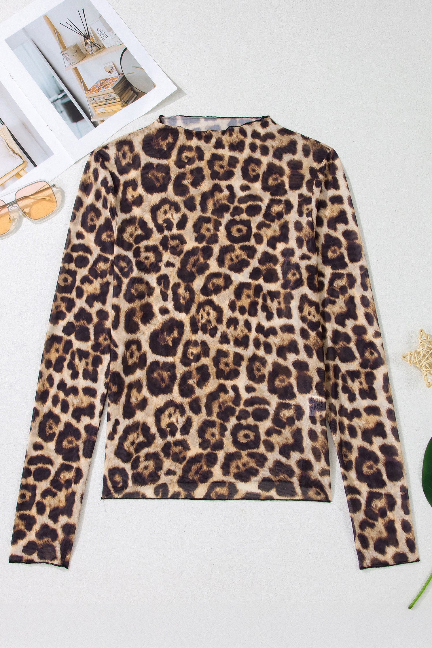 Camel Leopard Print Slim Fit Mesh Long Sleeve Mock Neck Top-Tops/Long Sleeve Tops-[Adult]-[Female]-2022 Online Blue Zone Planet