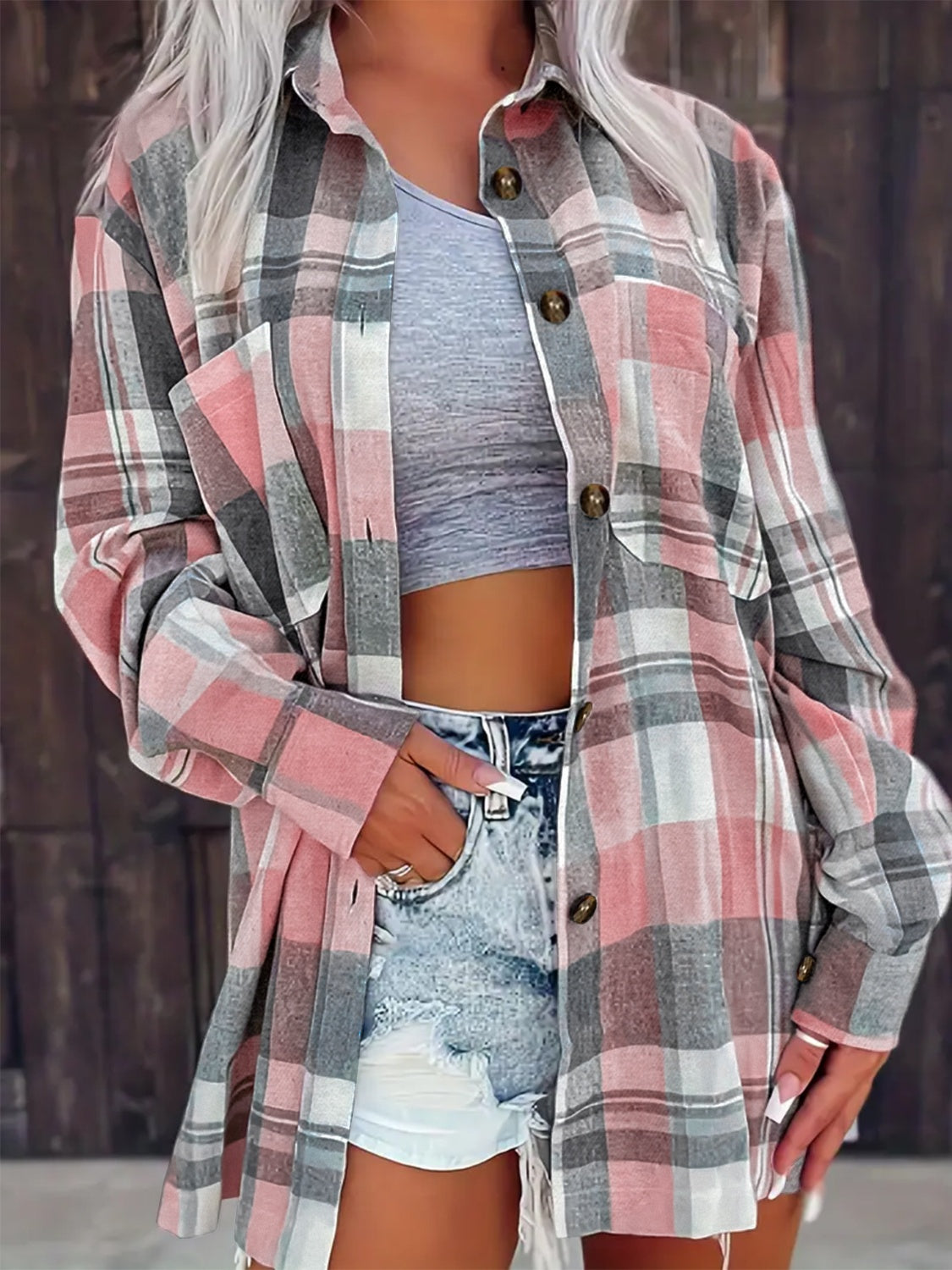 Pocketed Plaid Collared Neck Shacket-TOPS / DRESSES-[Adult]-[Female]-Dusty Pink-S-2022 Online Blue Zone Planet