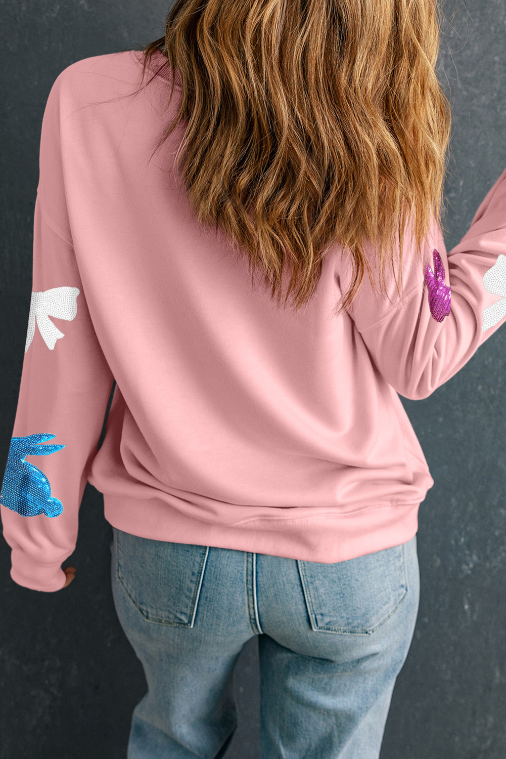 Pink Sequin Easter Bunny Bow Graphic Sweatshirt-Graphic Sweatshirts-[Adult]-[Female]-2022 Online Blue Zone Planet