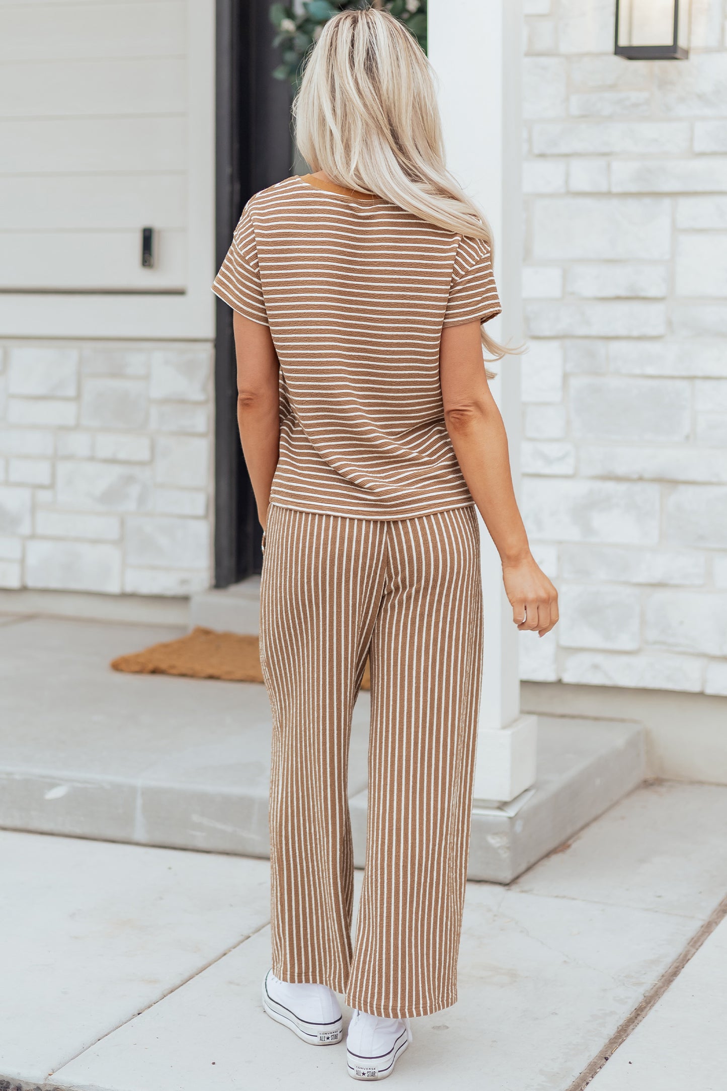 Khaki Stripe Crew Neck Tee Drawstring Waist Cropped Pants Set-Two Piece Sets/Pant Sets-[Adult]-[Female]-2022 Online Blue Zone Planet