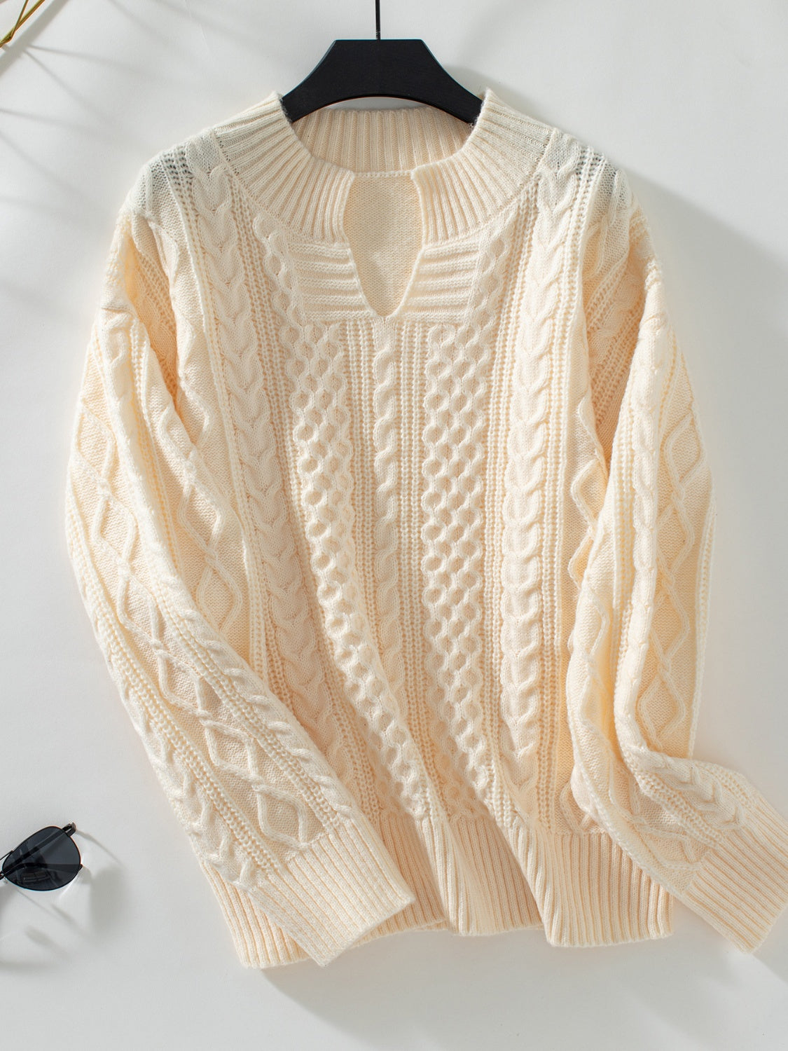 Cable-Knit Notched Long Sleeve Sweater-TOPS / DRESSES-[Adult]-[Female]-Tan-S-2022 Online Blue Zone Planet