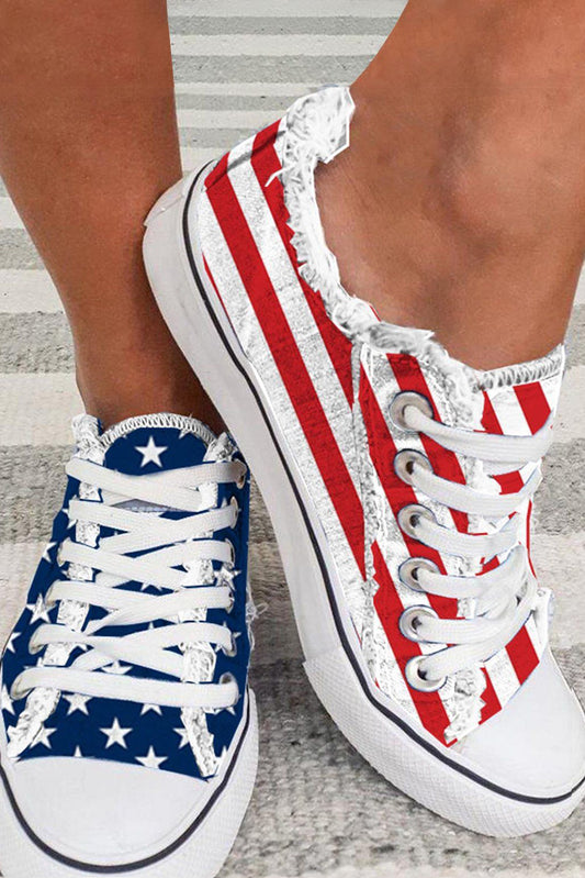 Blue American Flag Lace-Up Canvas Flat Shoes-Shoes & Bags/Womens Shoes-[Adult]-[Female]-Blue-One Size-2022 Online Blue Zone Planet