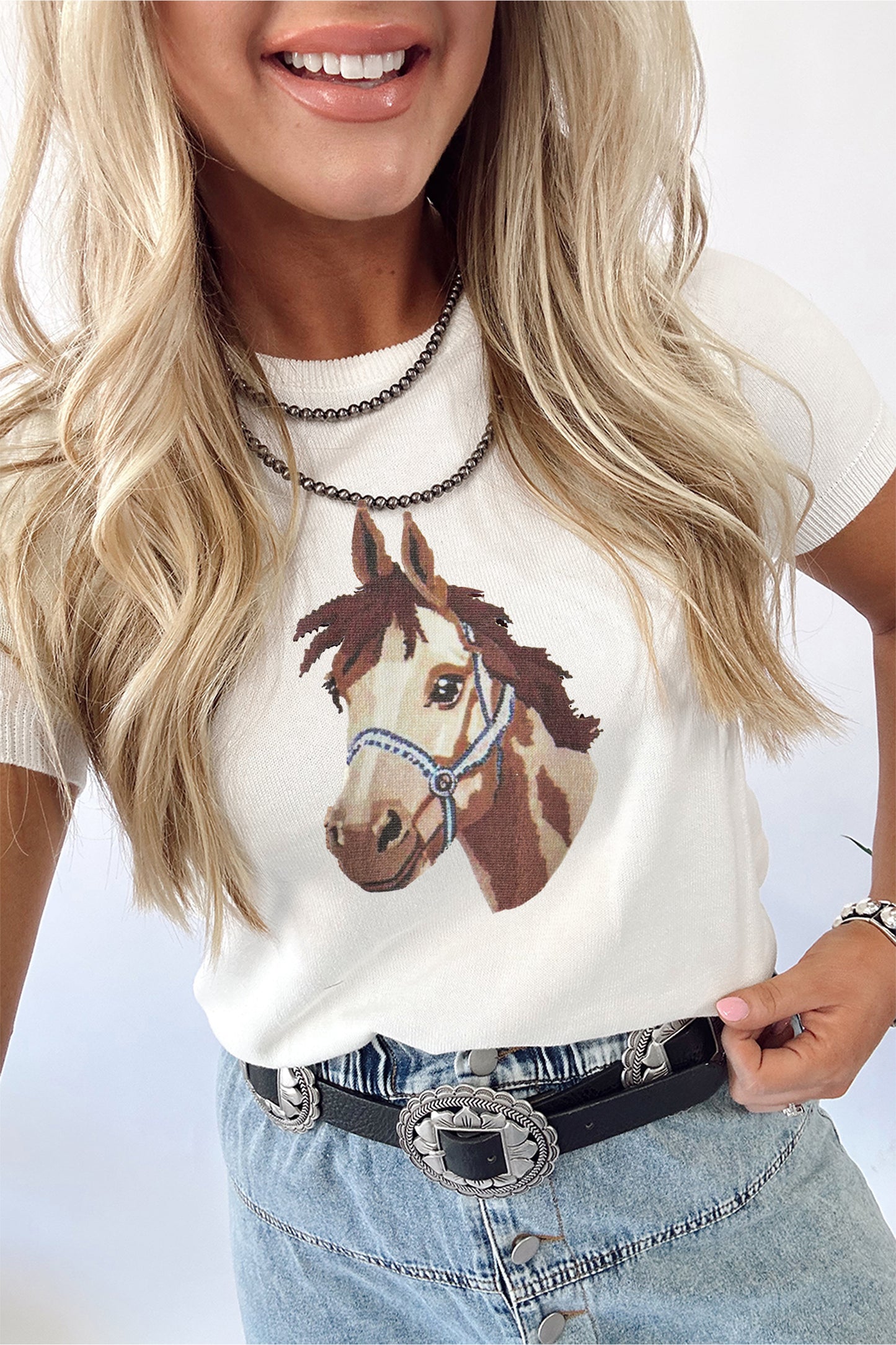 White Wild West Horse Head Printed Short Sleeve Sweater-TOPS / DRESSES-[Adult]-[Female]-2022 Online Blue Zone Planet