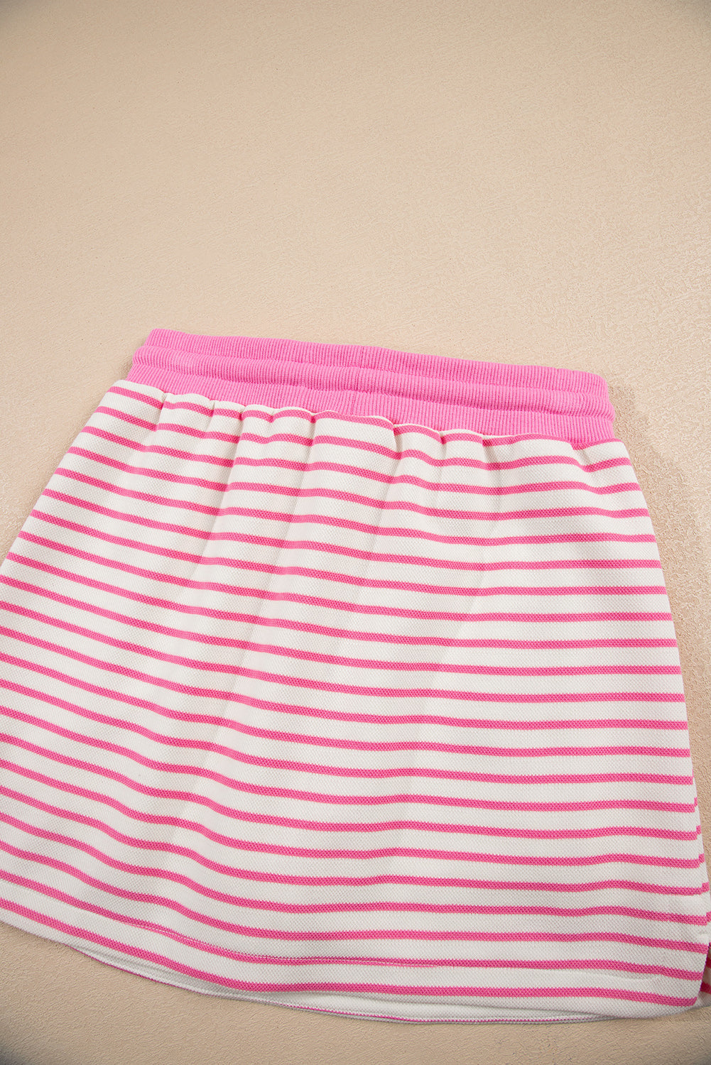Pink Stripe Collared V Neck Drop Shoulder Pullover And Skort 2Pcs Outfit-Two Piece Sets/Two Piece Dresses-[Adult]-[Female]-2022 Online Blue Zone Planet
