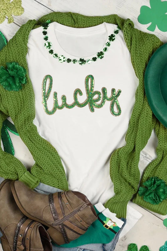 White Sequined Lucky St.Patricks Day Graphic Tee-Graphic/Graphic Tees-[Adult]-[Female]-White-S-2022 Online Blue Zone Planet