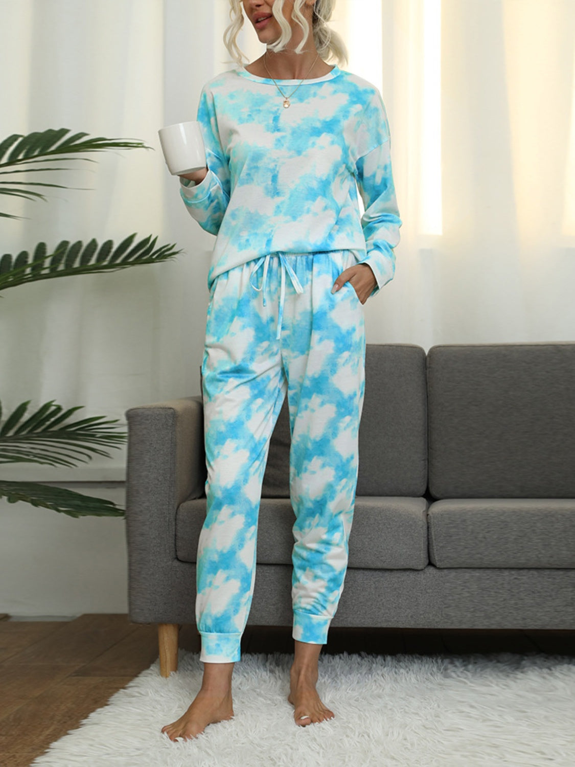 Shiny Tie-Dye Round Neck Top and Pants Lounge Set-TOPS / DRESSES-[Adult]-[Female]-2022 Online Blue Zone Planet