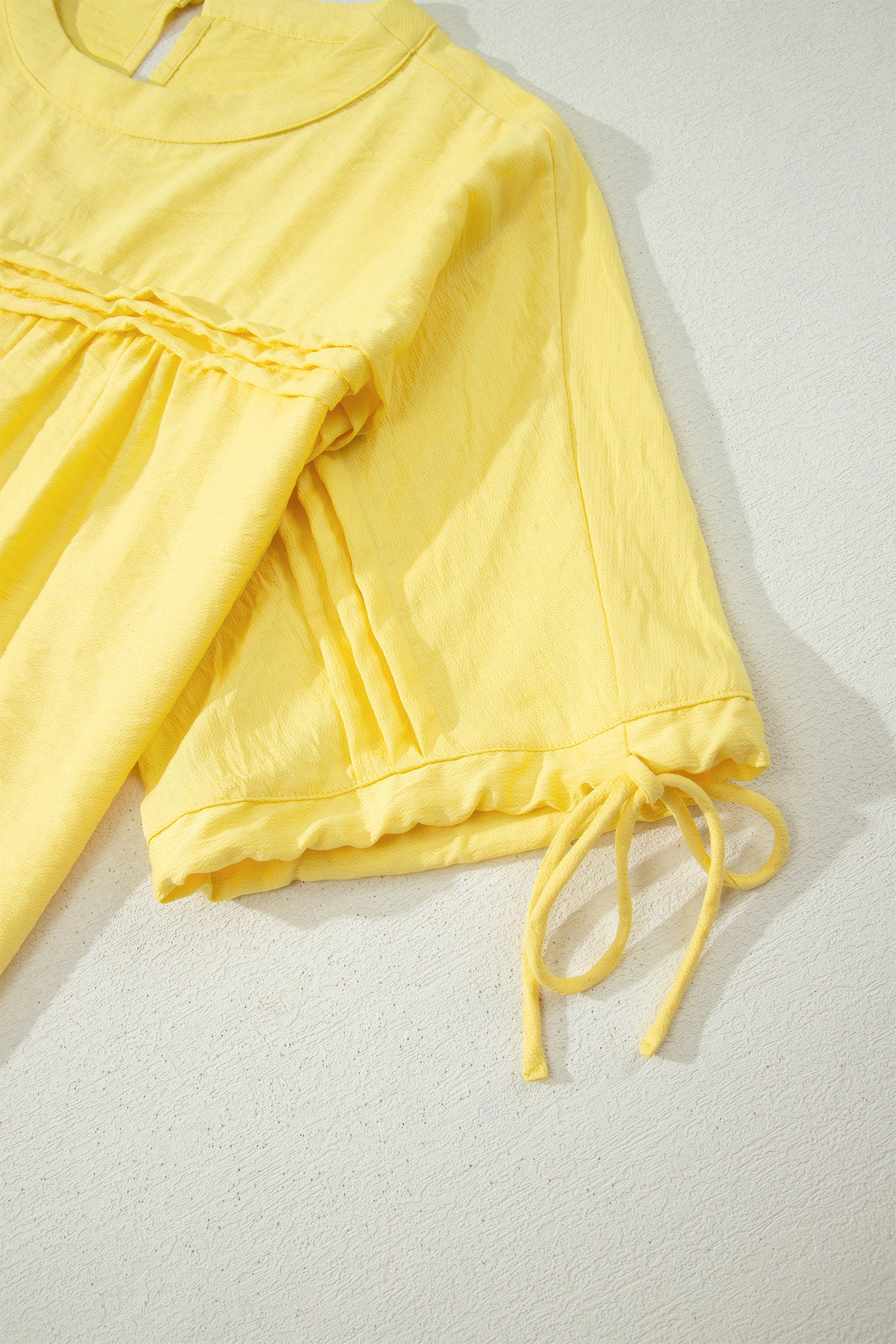 Yellow Cream Tie Half Sleeve Pleated Detail Babydoll Blouse-Tops/Blouses & Shirts-[Adult]-[Female]-2022 Online Blue Zone Planet