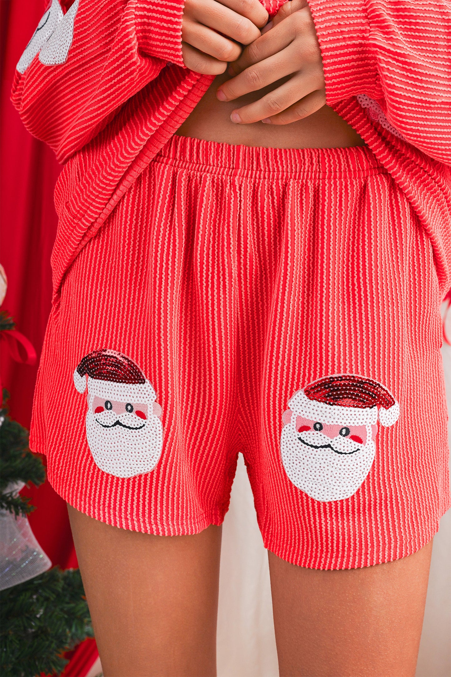 Gold Flame Corded Sequin Christmas Santa Clause Patch Application Pullover and Shorts Set-Graphic Apparel-[Adult]-[Female]-2022 Online Blue Zone Planet