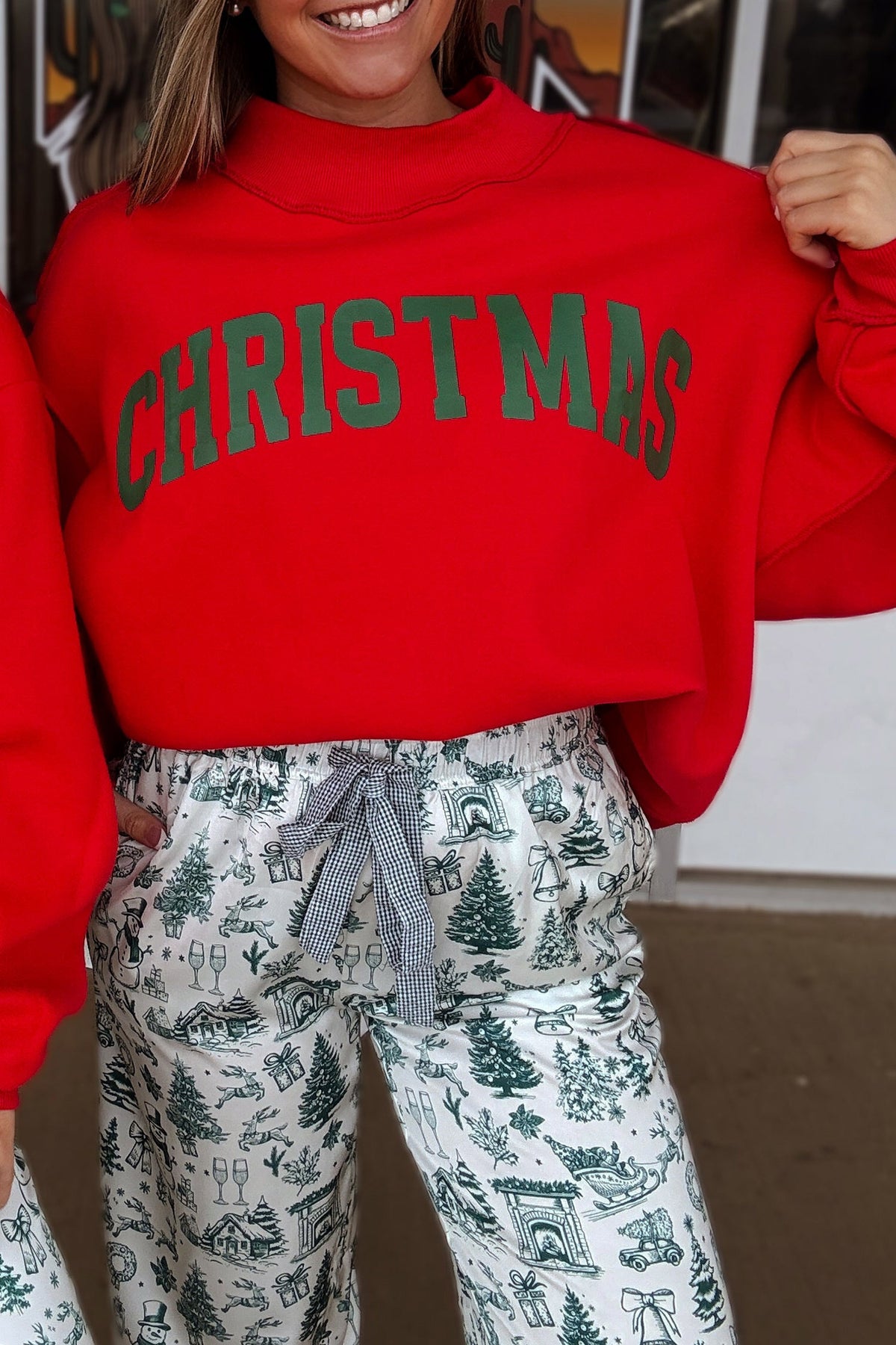 Fiery Red MERRY/CHRISTMAS Reversible Print Mock Neck Baggy Pullover Sweatshirt