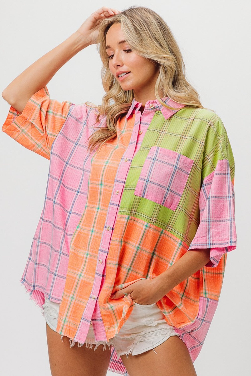 BiBi Plaid Collared Neck Half Sleeve Shirt-TOPS / DRESSES-[Adult]-[Female]-2022 Online Blue Zone Planet