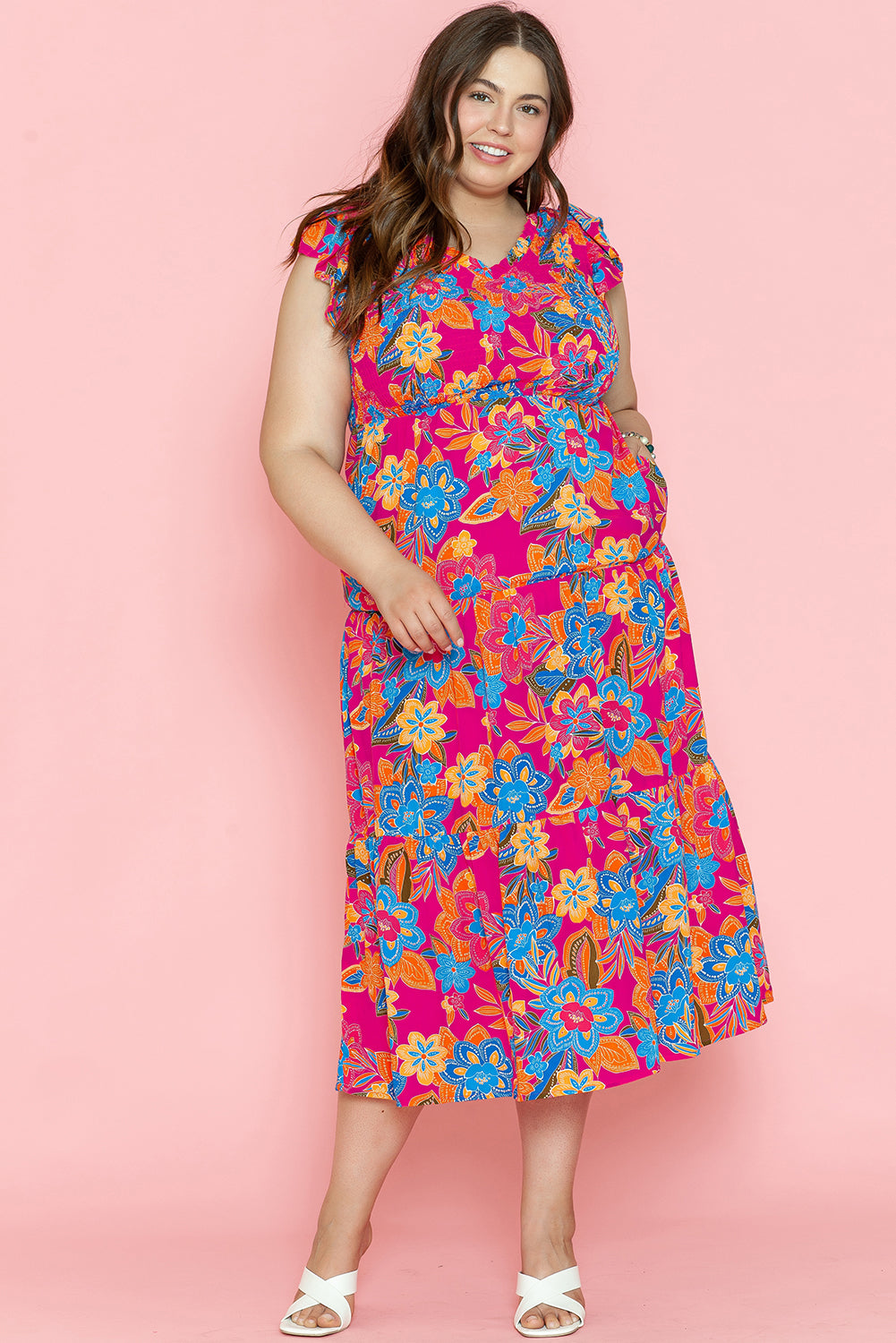 Blue Zone Planet | Red Floral Print Ruffled Sleeveless Plus Size Long Dress-TOPS / DRESSES-[Adult]-[Female]-2022 Online Blue Zone Planet