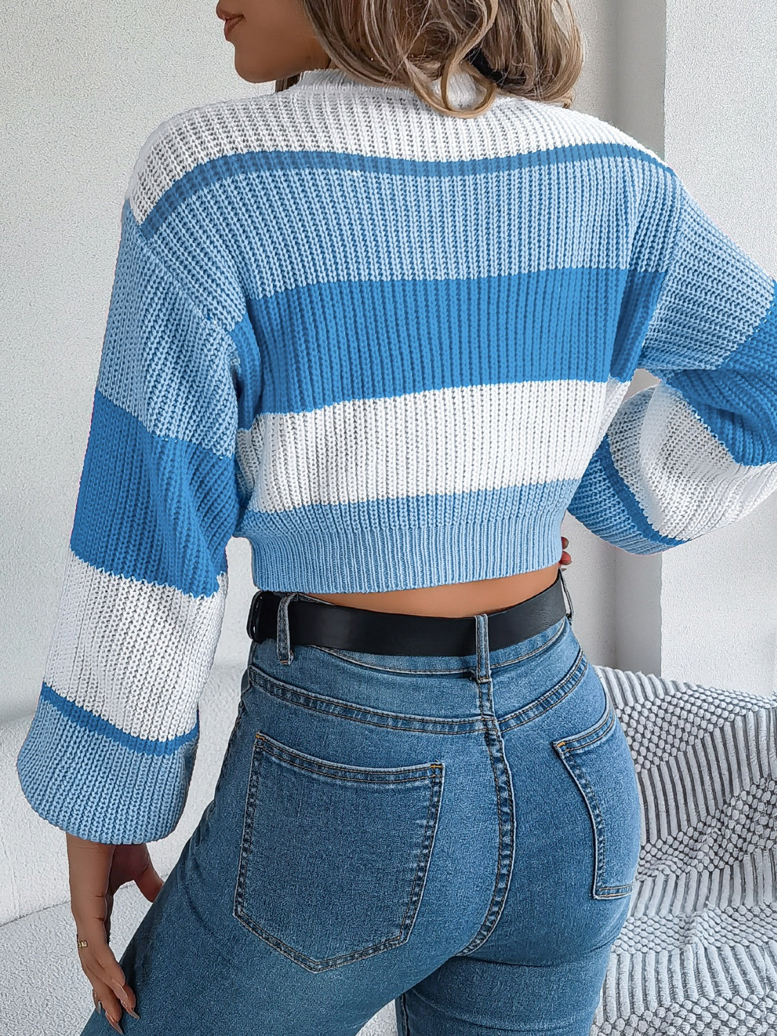 Color Block Round Neck Cropped Sweater-TOPS / DRESSES-[Adult]-[Female]-2022 Online Blue Zone Planet