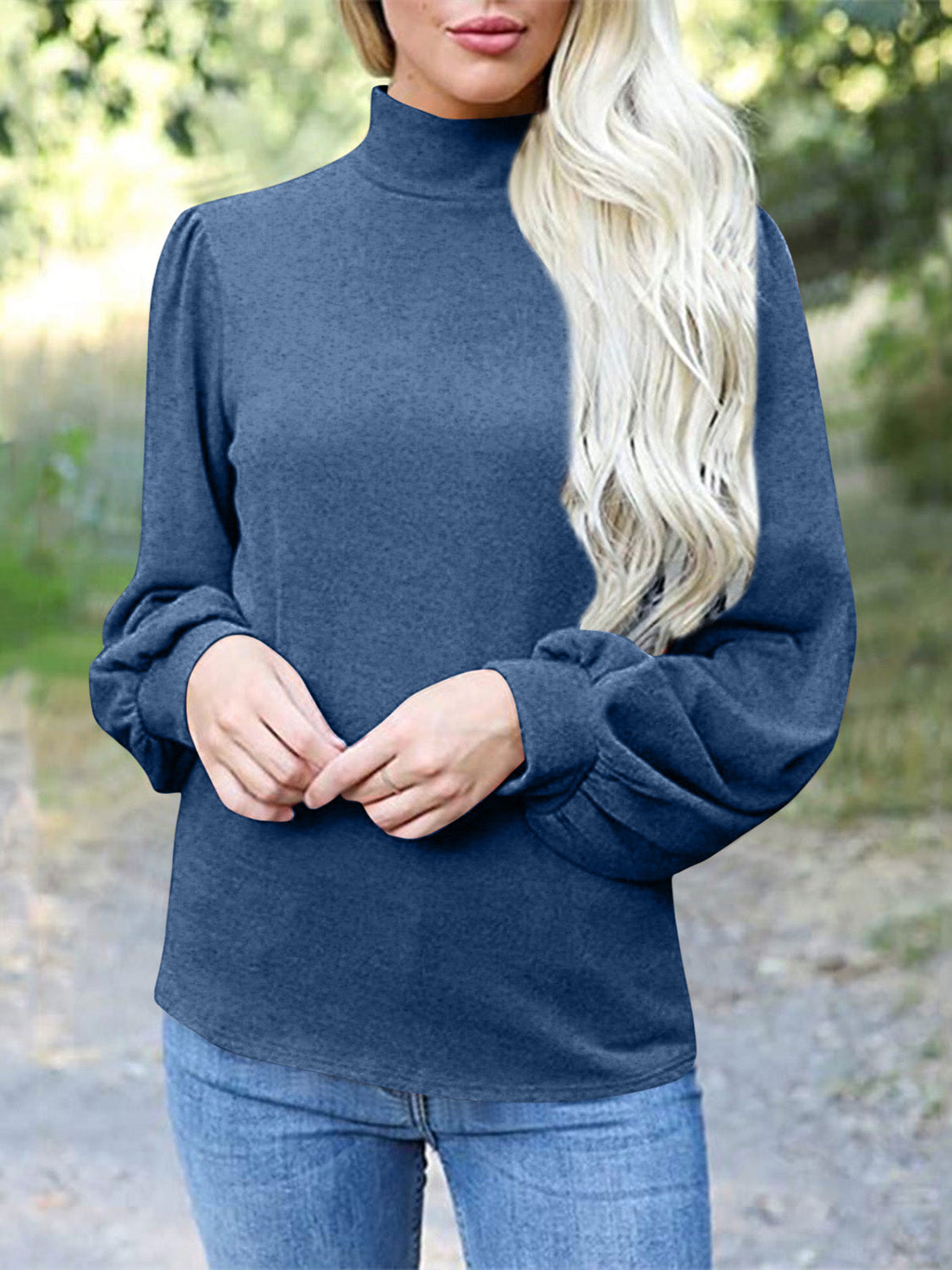 Full Size Mock Neck Long Sleeve T-Shirt-TOPS / DRESSES-[Adult]-[Female]-Dusty Blue-S-2022 Online Blue Zone Planet