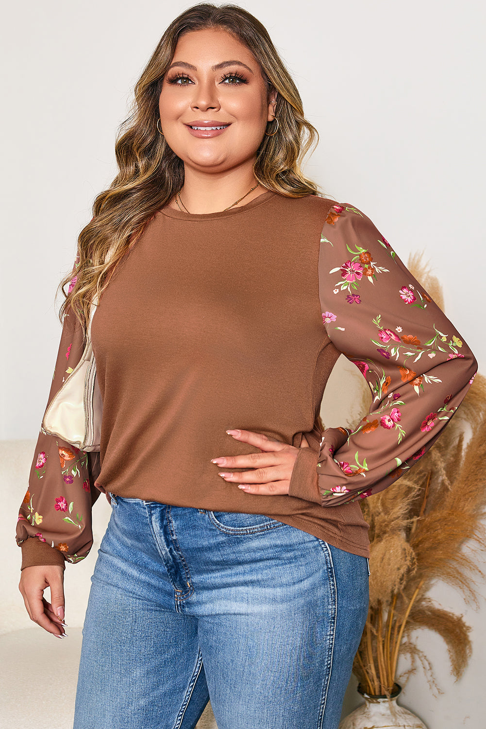 Brown Floral Sleeve Patchwork Round Neck Plus Blouse-Plus Size/Plus Size Tops/Plus Size Blouses & Shirts-[Adult]-[Female]-2022 Online Blue Zone Planet