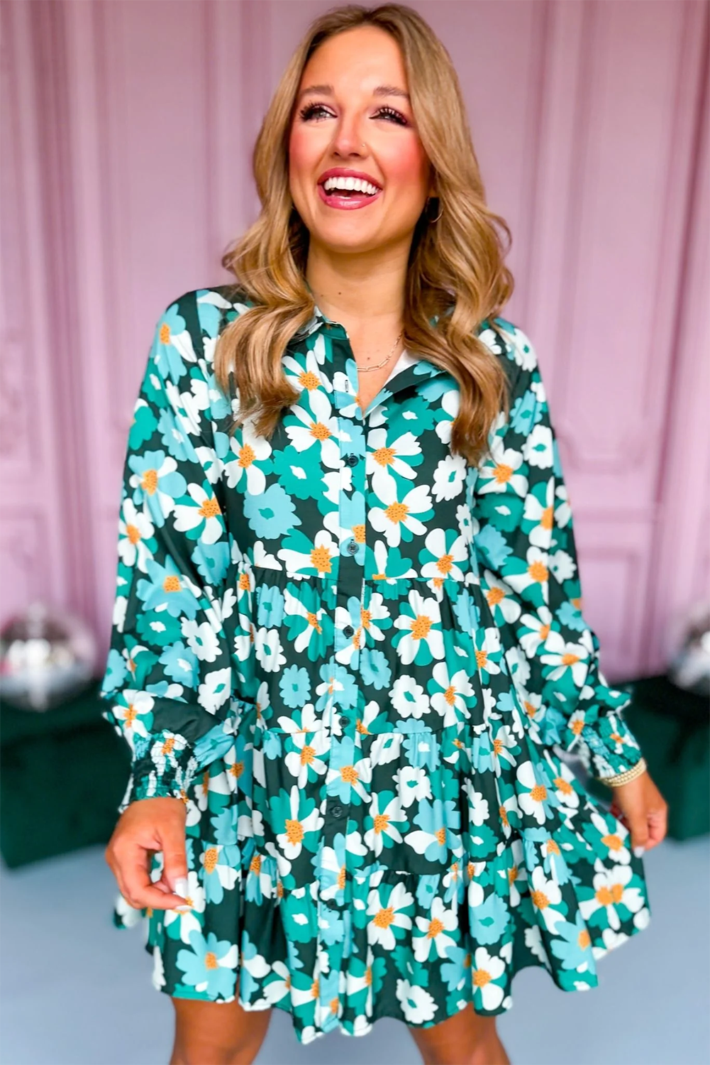 Blue Zone Planet | Green Floral Tiered Long Puff Sleeve Shirt Dress-TOPS / DRESSES-[Adult]-[Female]-2022 Online Blue Zone Planet