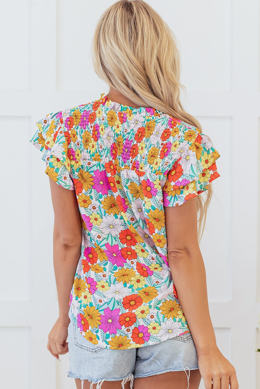 Yellow Floral Print Shirred Tiered Ruffled Sleeve Blouse-Tops/Blouses & Shirts-[Adult]-[Female]-2022 Online Blue Zone Planet