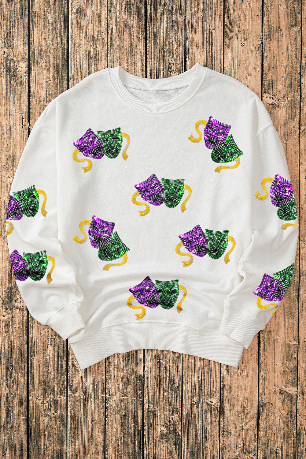 White Sequined Mardi Gras Mask Pattern Drop Shoulder Sweatshirt-Graphic/Graphic Sweatshirts-[Adult]-[Female]-2022 Online Blue Zone Planet