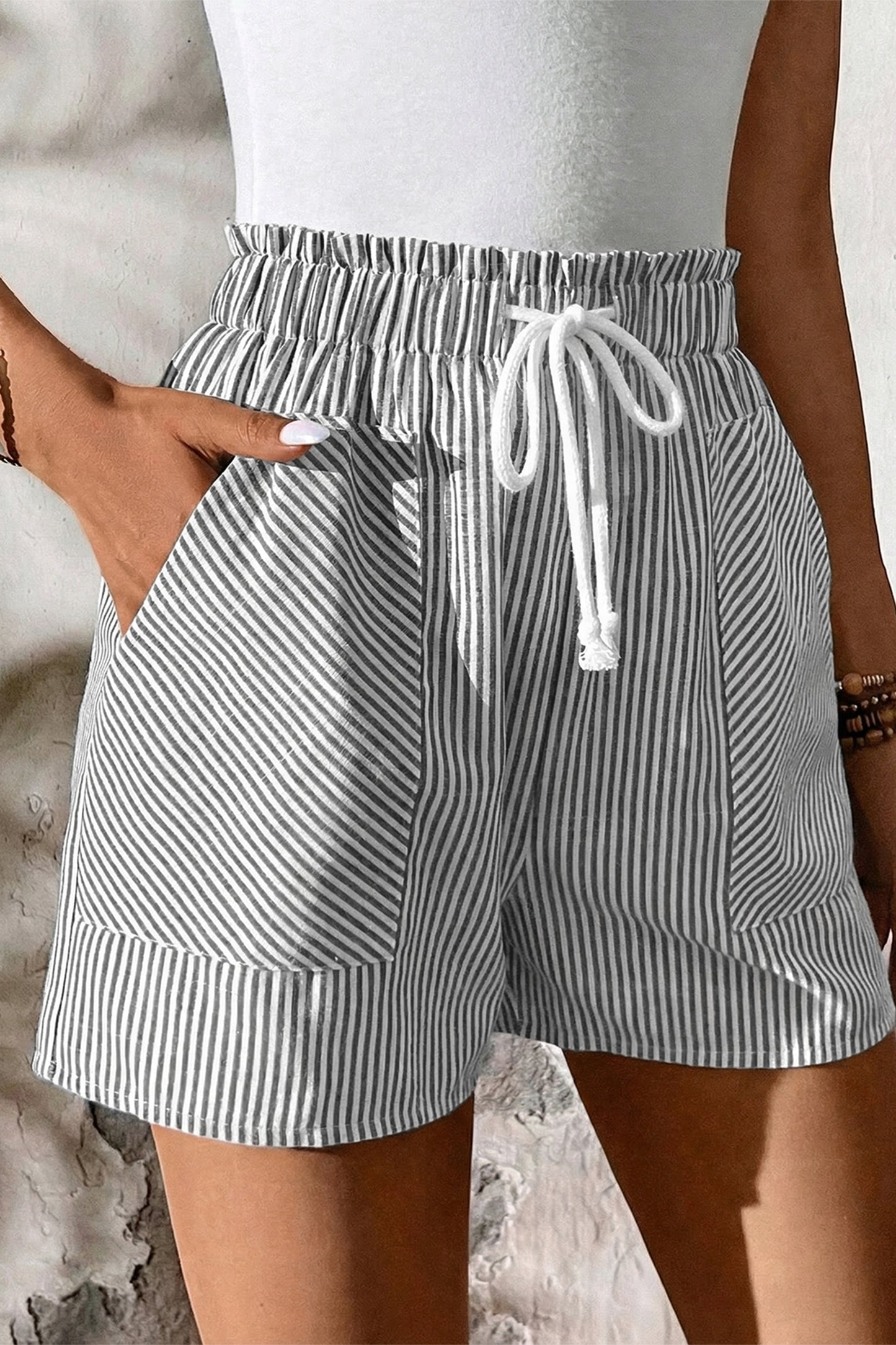 Gray Stripe Lace-Up Elastic Waist Casual Pocketed Shorts-Bottoms/Casual Shorts-[Adult]-[Female]-2022 Online Blue Zone Planet