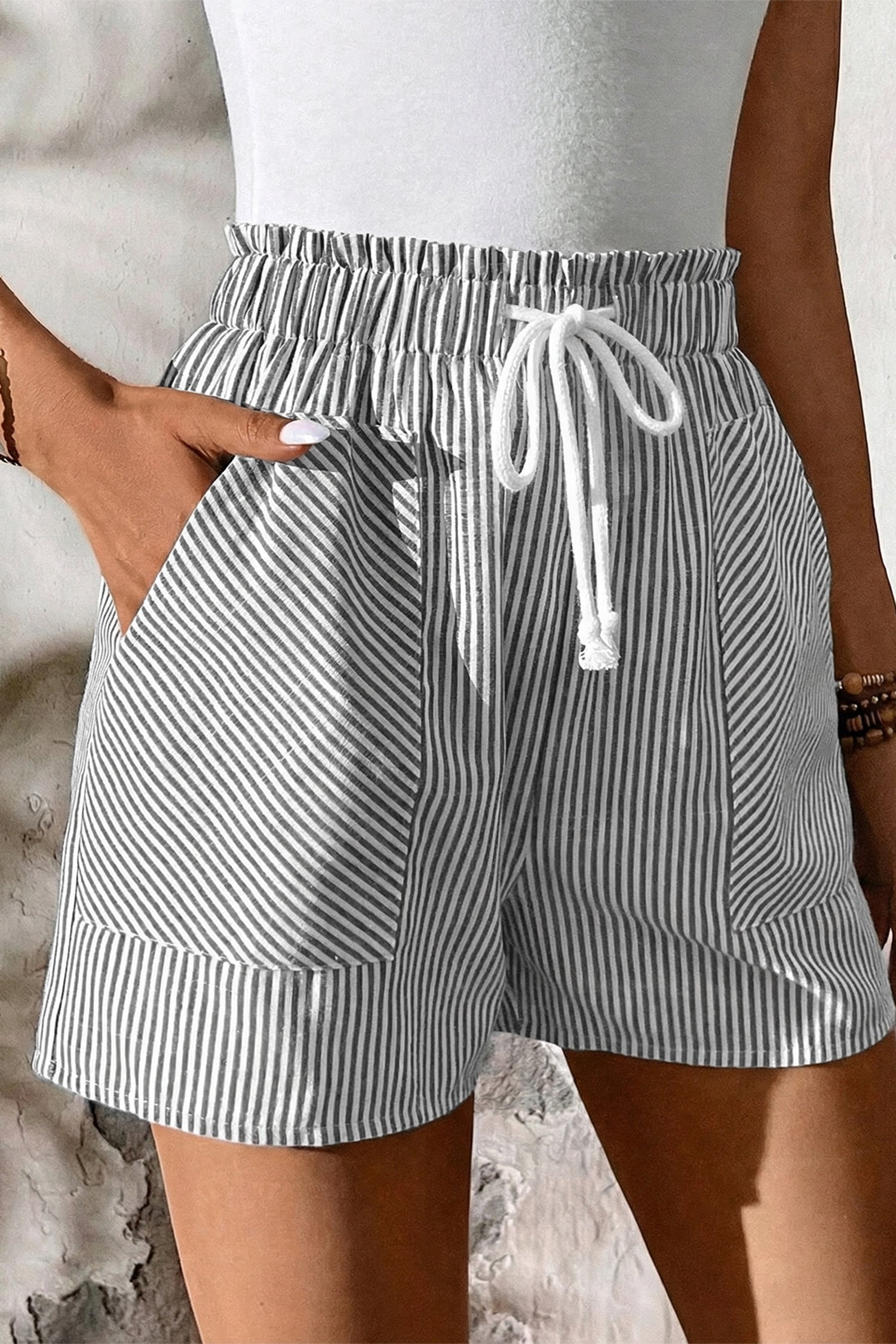 Gray Stripe Lace-Up Elastic Waist Casual Pocketed Shorts-Bottoms/Casual Shorts-[Adult]-[Female]-2022 Online Blue Zone Planet