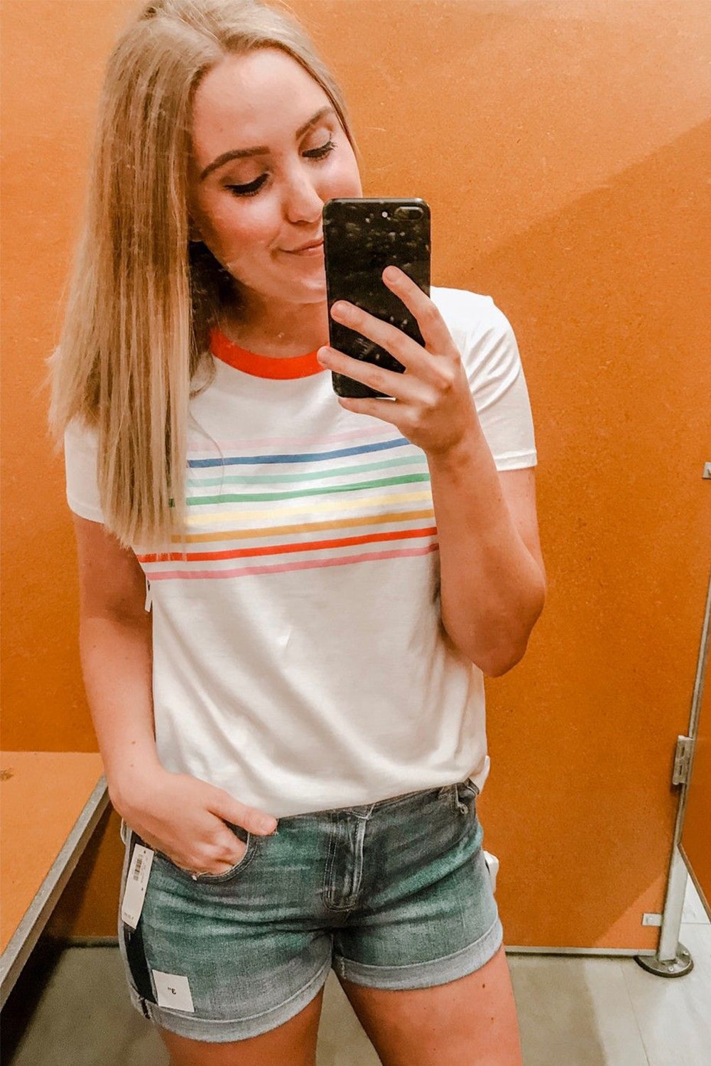 White Rainbow Stripe Print Contrast Crewneck T Shirt-Tops/Tops & Tees-[Adult]-[Female]-2022 Online Blue Zone Planet