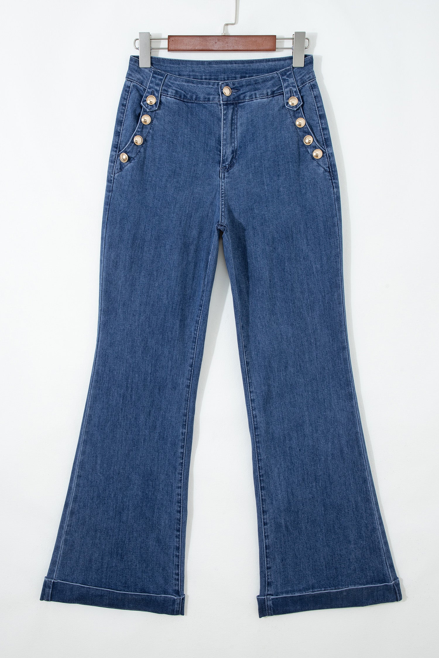 Ashleigh Blue Golden Button Detail Rolled Edge Flare Leg Jeans-Bottoms/Jeans-[Adult]-[Female]-2022 Online Blue Zone Planet