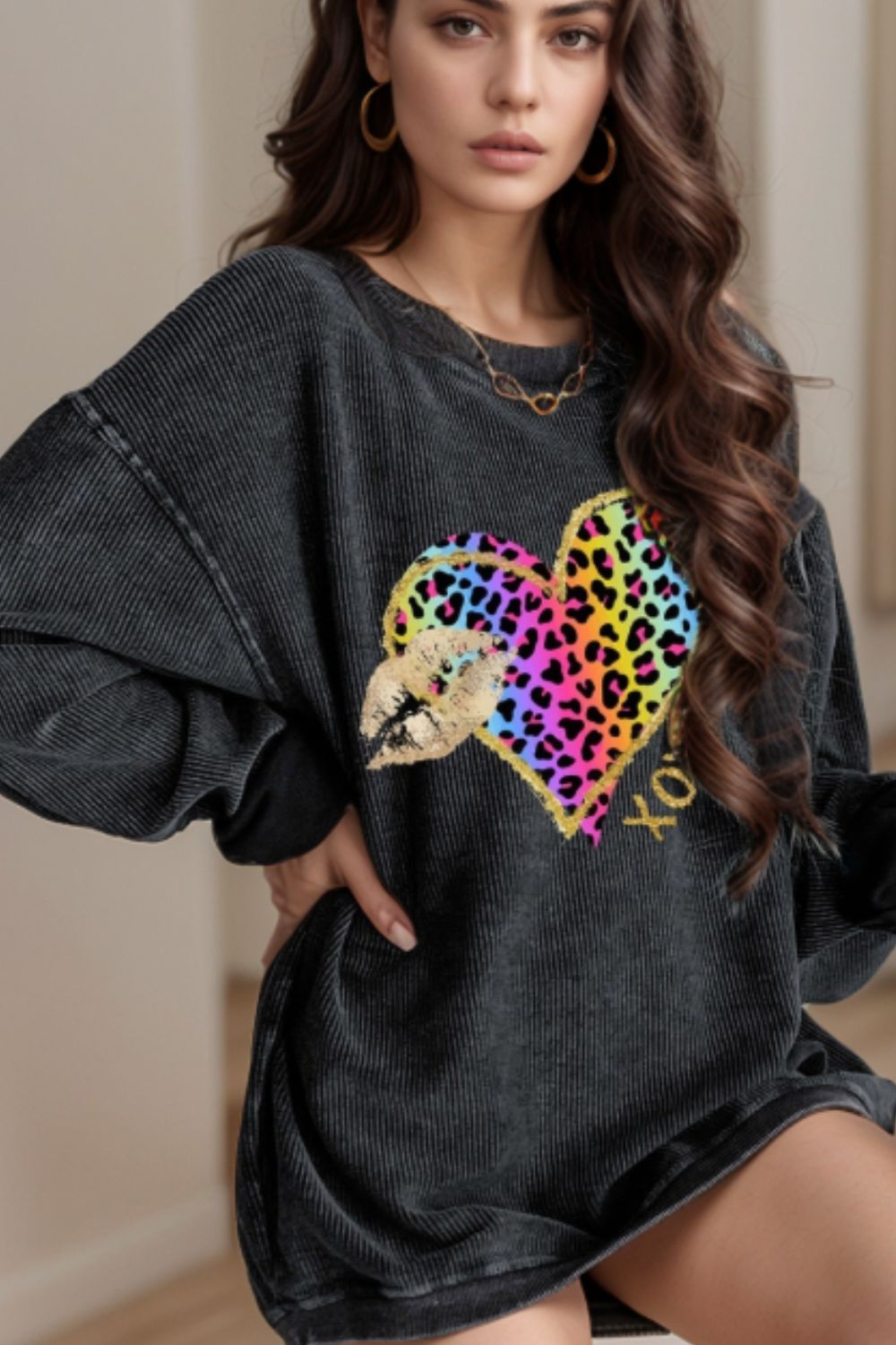 Blue Zone Planet | Leopard Heart Drop Shoulder Long Sleeve Sweatshirt-TOPS / DRESSES-[Adult]-[Female]-Dark Gray-S-2022 Online Blue Zone Planet