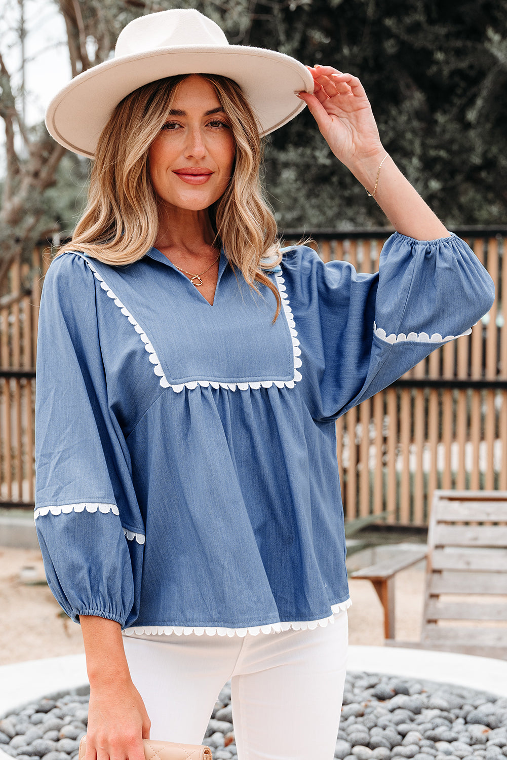 Dusk Blue Lace Ric Rac 3/4 Puff Sleeve Collared Babydoll Blouse-Tops/Blouses & Shirts-[Adult]-[Female]-2022 Online Blue Zone Planet