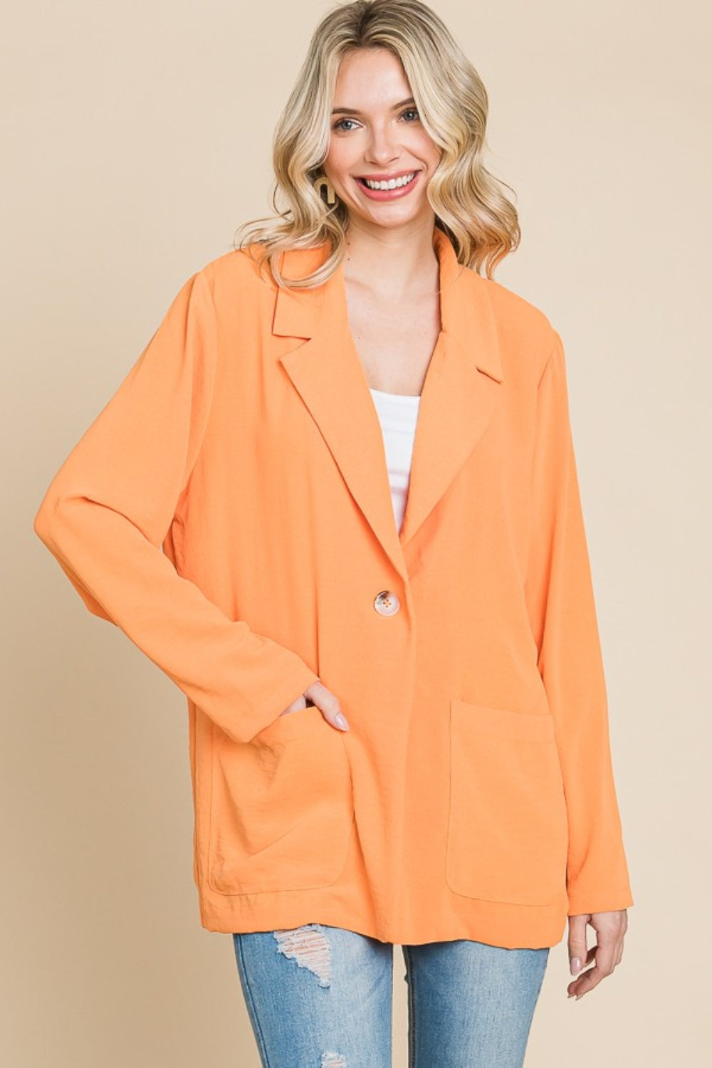 Culture Code One Button Long Sleeve Blazer with Pockets-TOPS / DRESSES-[Adult]-[Female]-Salmon-S-2022 Online Blue Zone Planet