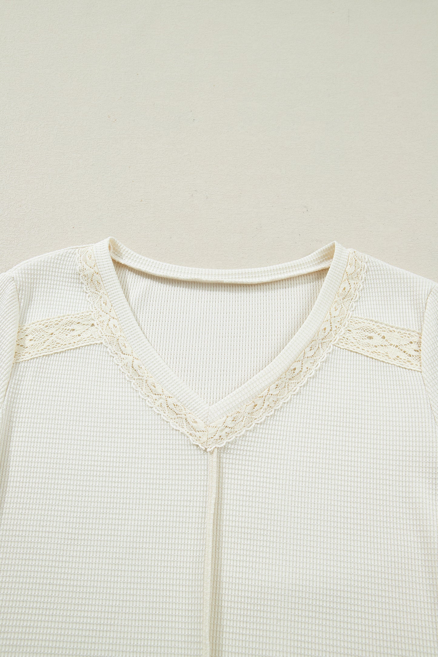 Beige Thermal Knit Lace Ruched Patchwork Long Sleeve V Neck Top-Tops/Long Sleeve Tops-[Adult]-[Female]-2022 Online Blue Zone Planet