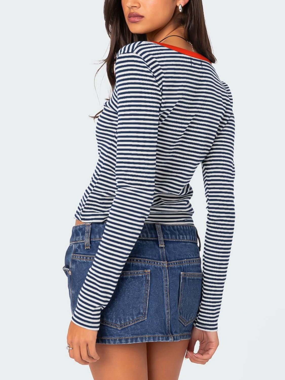 Buttoned Striped Long Sleeve T-Shirt-TOPS / DRESSES-[Adult]-[Female]-2022 Online Blue Zone Planet