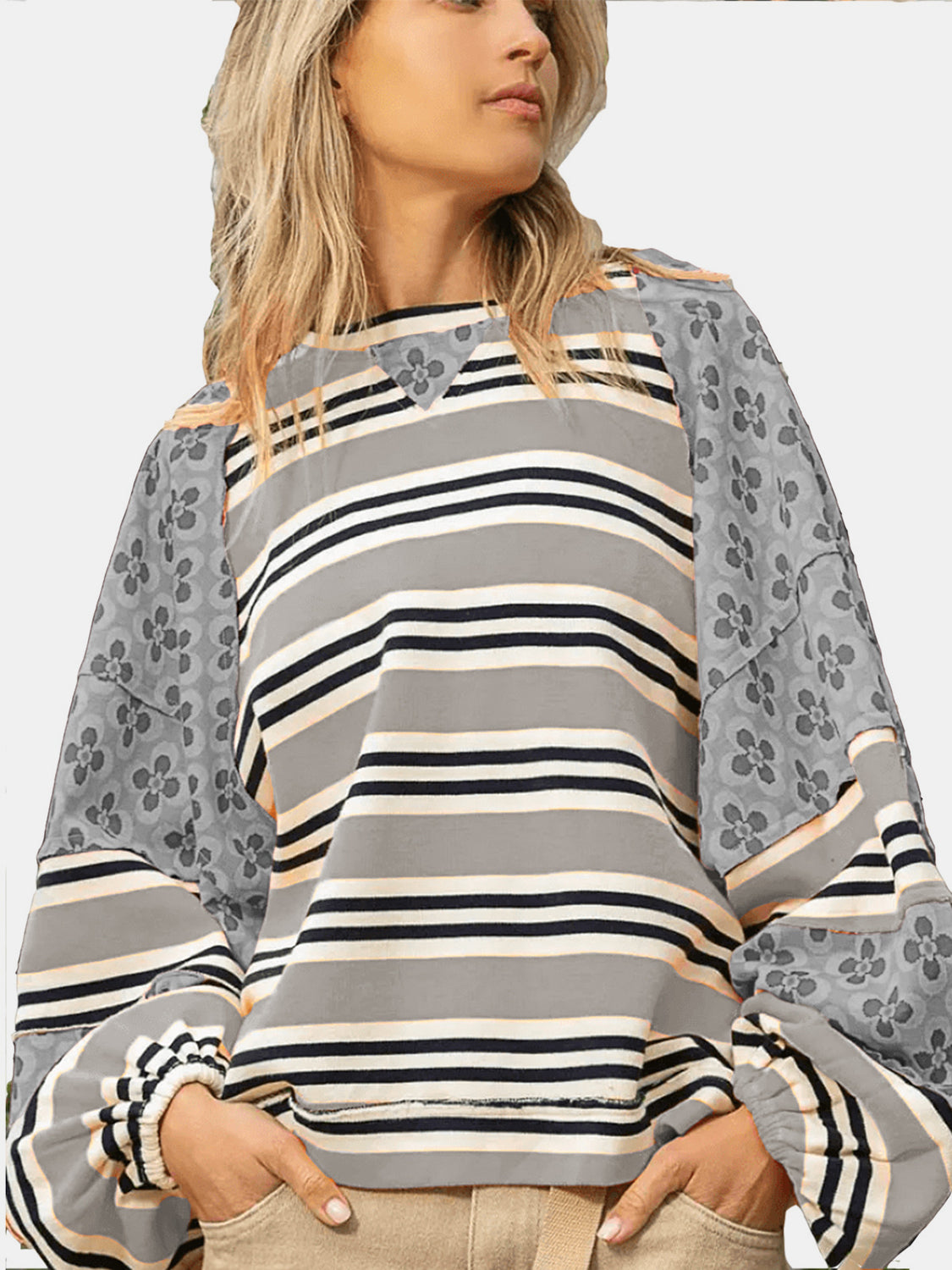 Flower & Striped Print Round Neck Sweatshirt-TOPS / DRESSES-[Adult]-[Female]-Dark Gray-S-2022 Online Blue Zone Planet