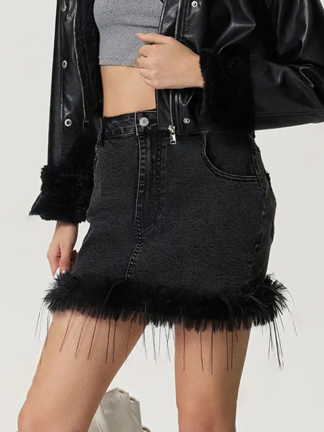 Plush Hem Mini Denim Skirt-BOTTOMS SIZES SMALL MEDIUM LARGE-[Adult]-[Female]-2022 Online Blue Zone Planet