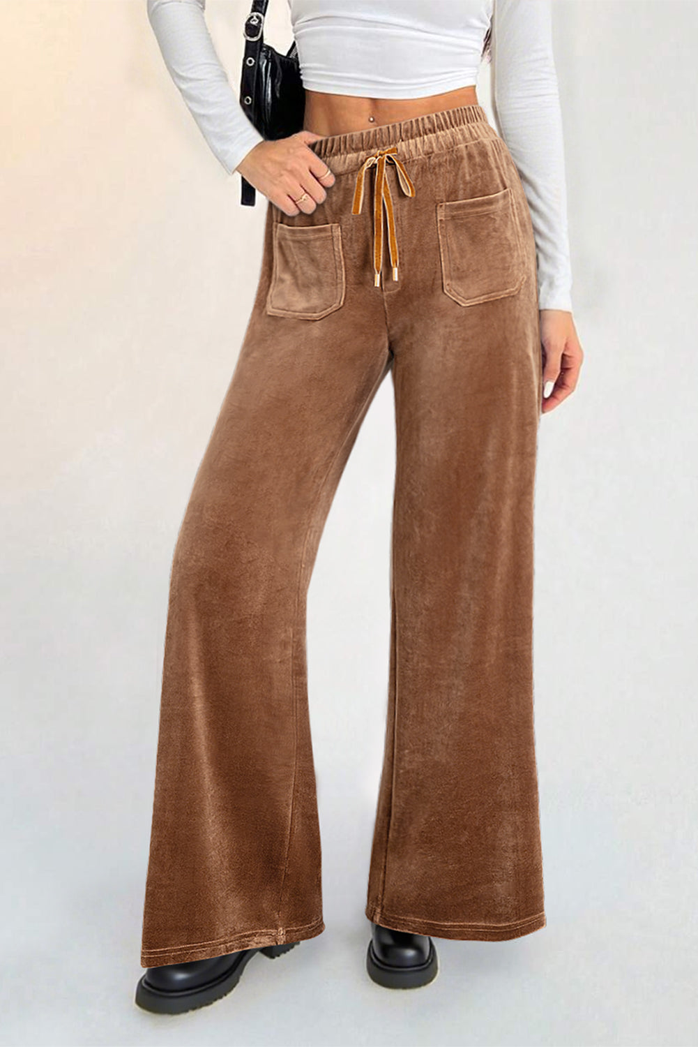Coffee Straight Loose Drawstring Elastic High Waist Fleece Pants-Bottoms/Pants & Culotte-[Adult]-[Female]-2022 Online Blue Zone Planet