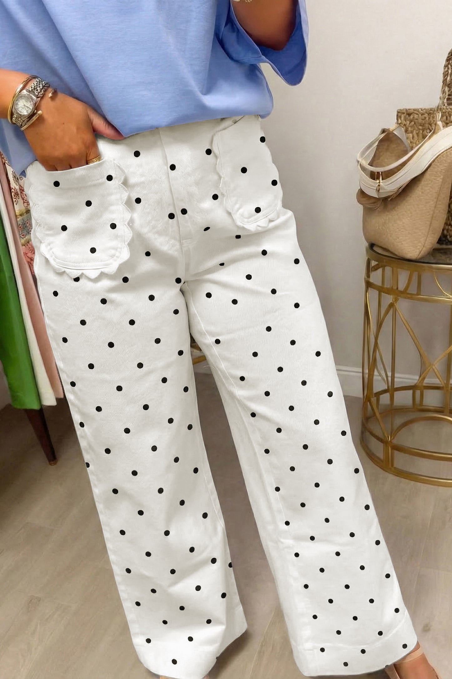 White Polka Dot Print Scalloped Patch Pocket Cotton Shift Pants-Bottoms/Pants & Culotte-[Adult]-[Female]-White-S-2022 Online Blue Zone Planet