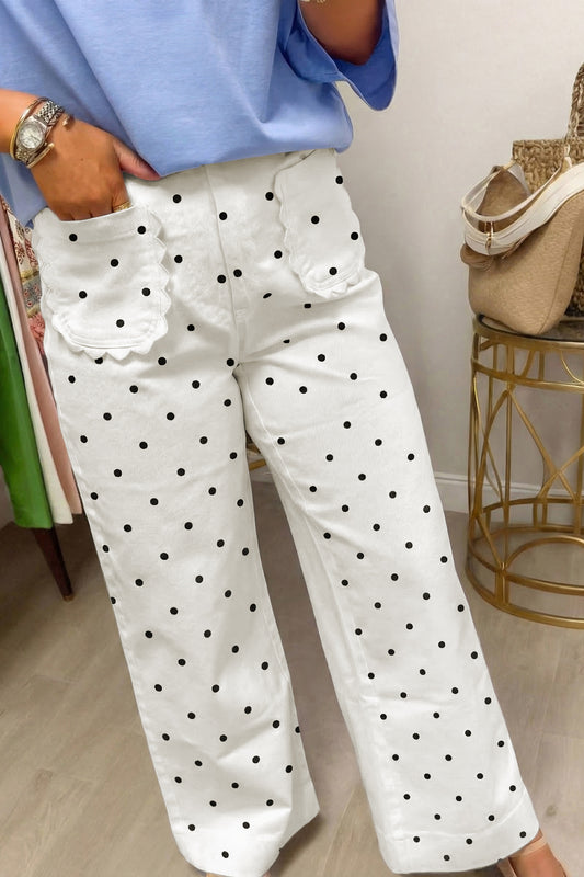 White Polka Dot Print Scalloped Patch Pocket Cotton Shift Pants-Bottoms/Pants & Culotte-[Adult]-[Female]-White-S-2022 Online Blue Zone Planet