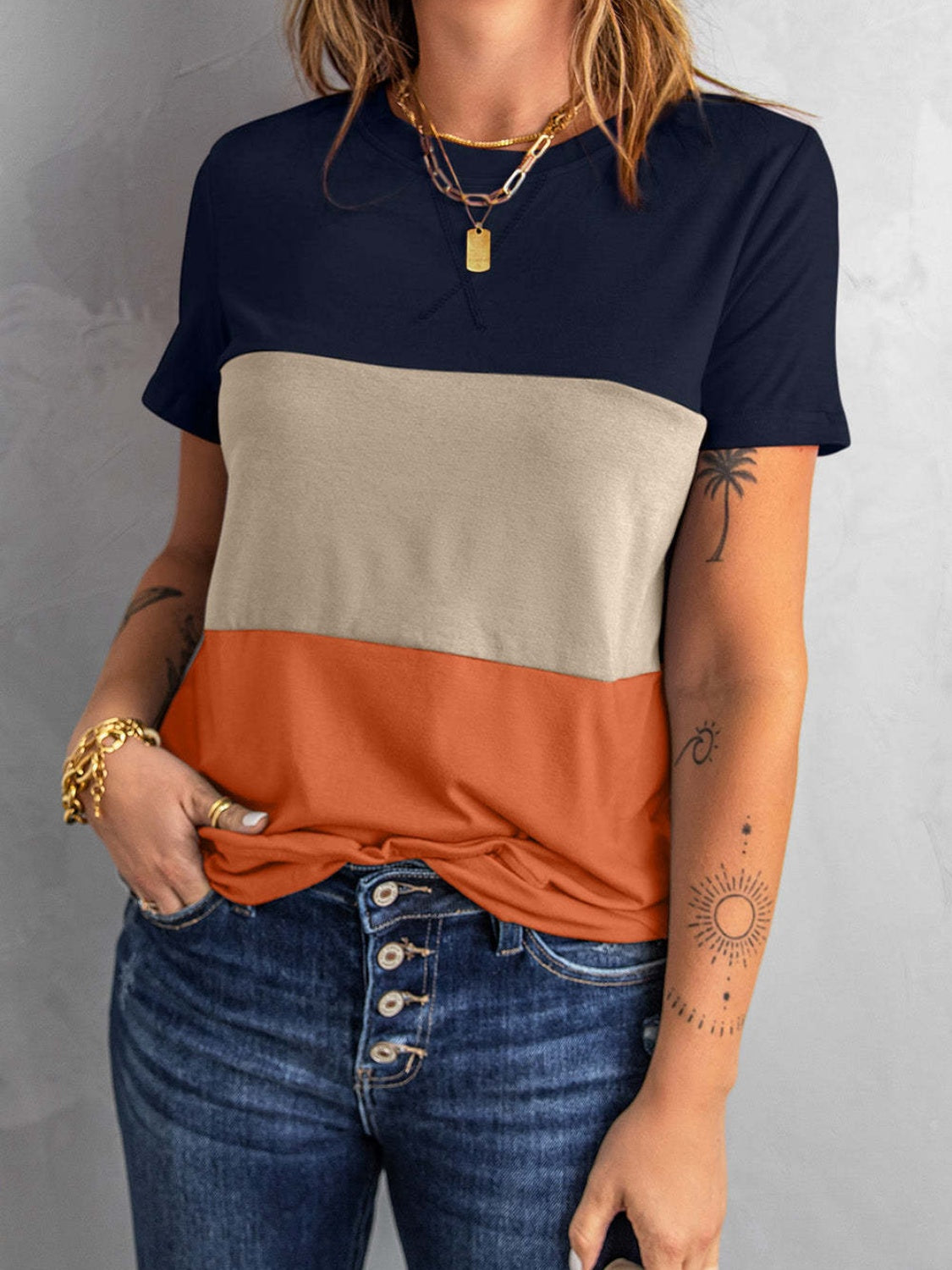 Color Block Round Neck T-Shirt-TOPS / DRESSES-[Adult]-[Female]-2022 Online Blue Zone Planet