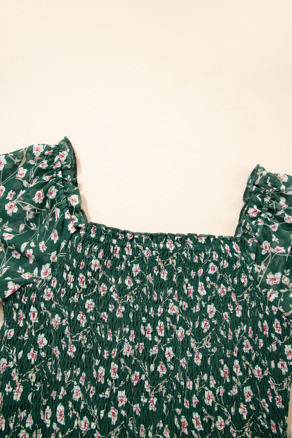 Green Smocked Square Neck Puff Short Sleeve Floral Dress-TOPS / DRESSES-[Adult]-[Female]-2022 Online Blue Zone Planet