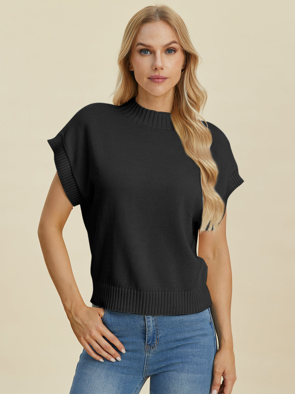 Double Take Full Size Mock Neck Short Sleeve Sweater-TOPS / DRESSES-[Adult]-[Female]-2022 Online Blue Zone Planet