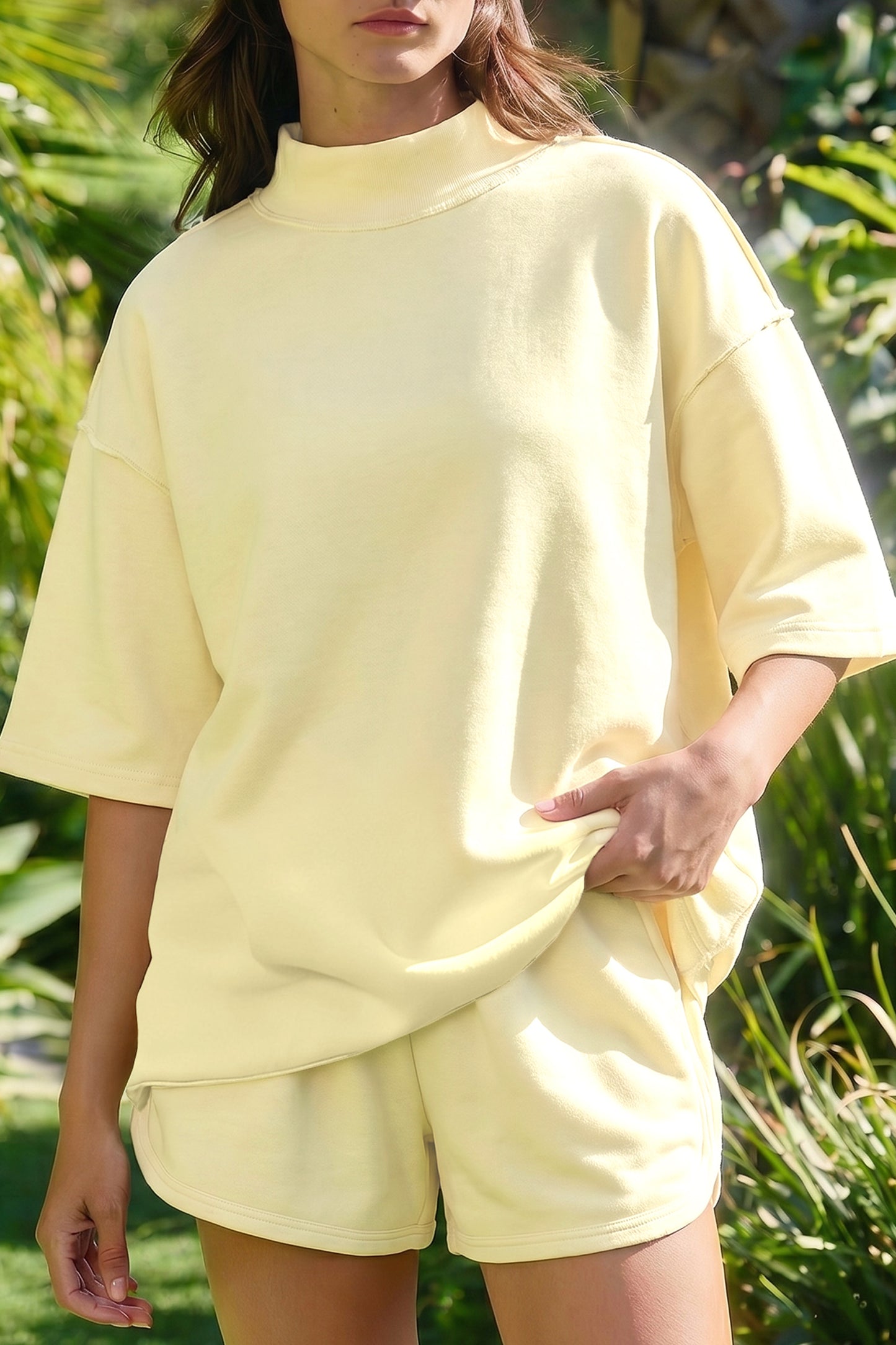 Light Pink Solid Color Exposed Seam Mock Neck Oversize Tee Casual Shorts 2pcs Outfit-Two Piece Sets/Short Sets-[Adult]-[Female]-2022 Online Blue Zone Planet