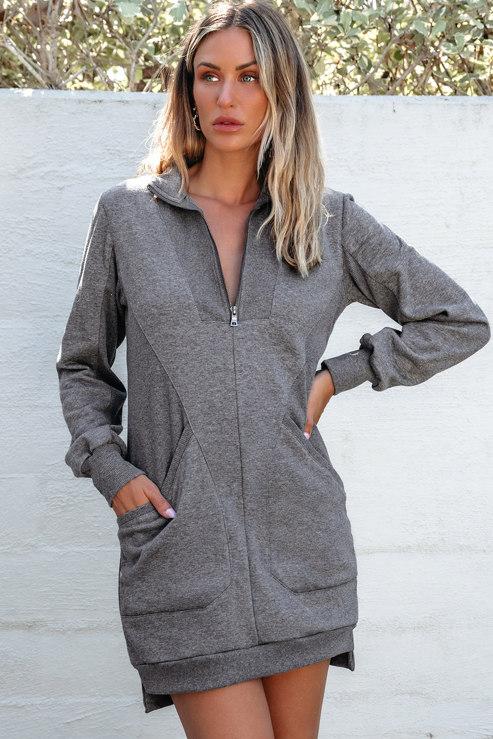 Dark Grey Zip up Collared Ribbed Patchwork Sweatshirt Dress with Pockets-TOPS / DRESSES-[Adult]-[Female]-Dark Grey-S-2022 Online Blue Zone Planet