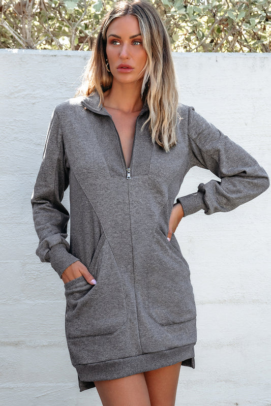 Dark Grey Zip up Collared Ribbed Patchwork Sweatshirt Dress with Pockets-TOPS / DRESSES-[Adult]-[Female]-Dark Grey-S-2022 Online Blue Zone Planet