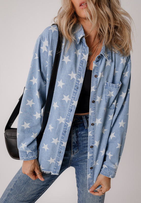 Raw Hem Star Collared Neck Denim Top-TOPS / DRESSES-[Adult]-[Female]-2022 Online Blue Zone Planet