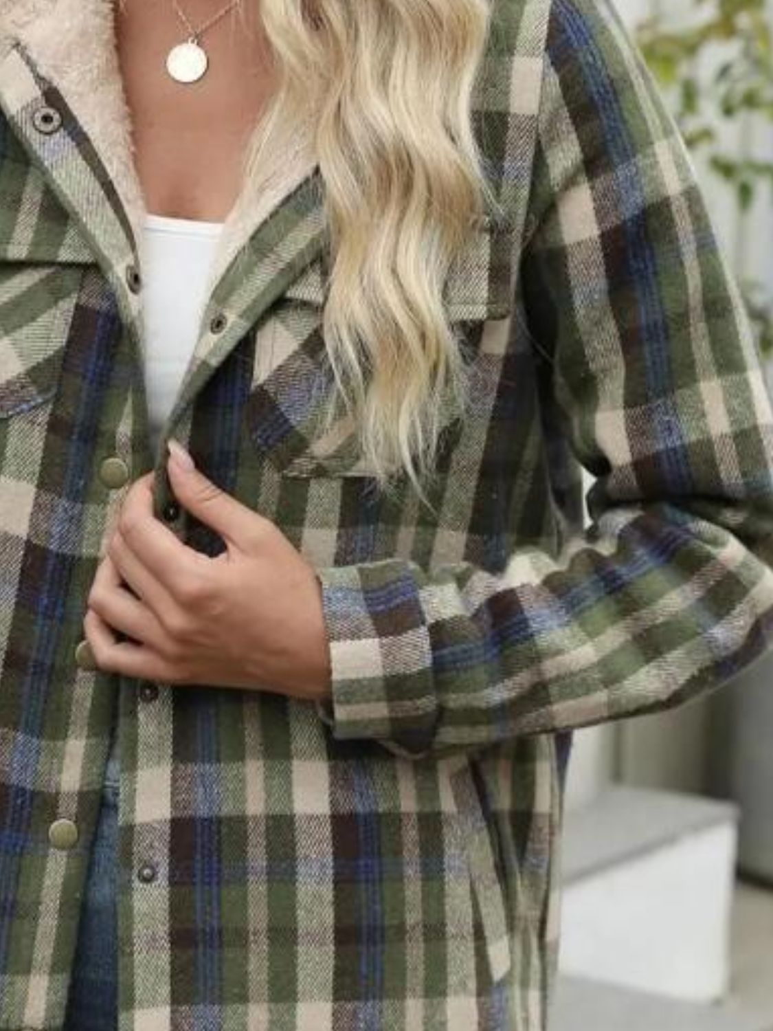 Plaid Snap Down Plush Hooded Jacket-TOPS / DRESSES-[Adult]-[Female]-2022 Online Blue Zone Planet