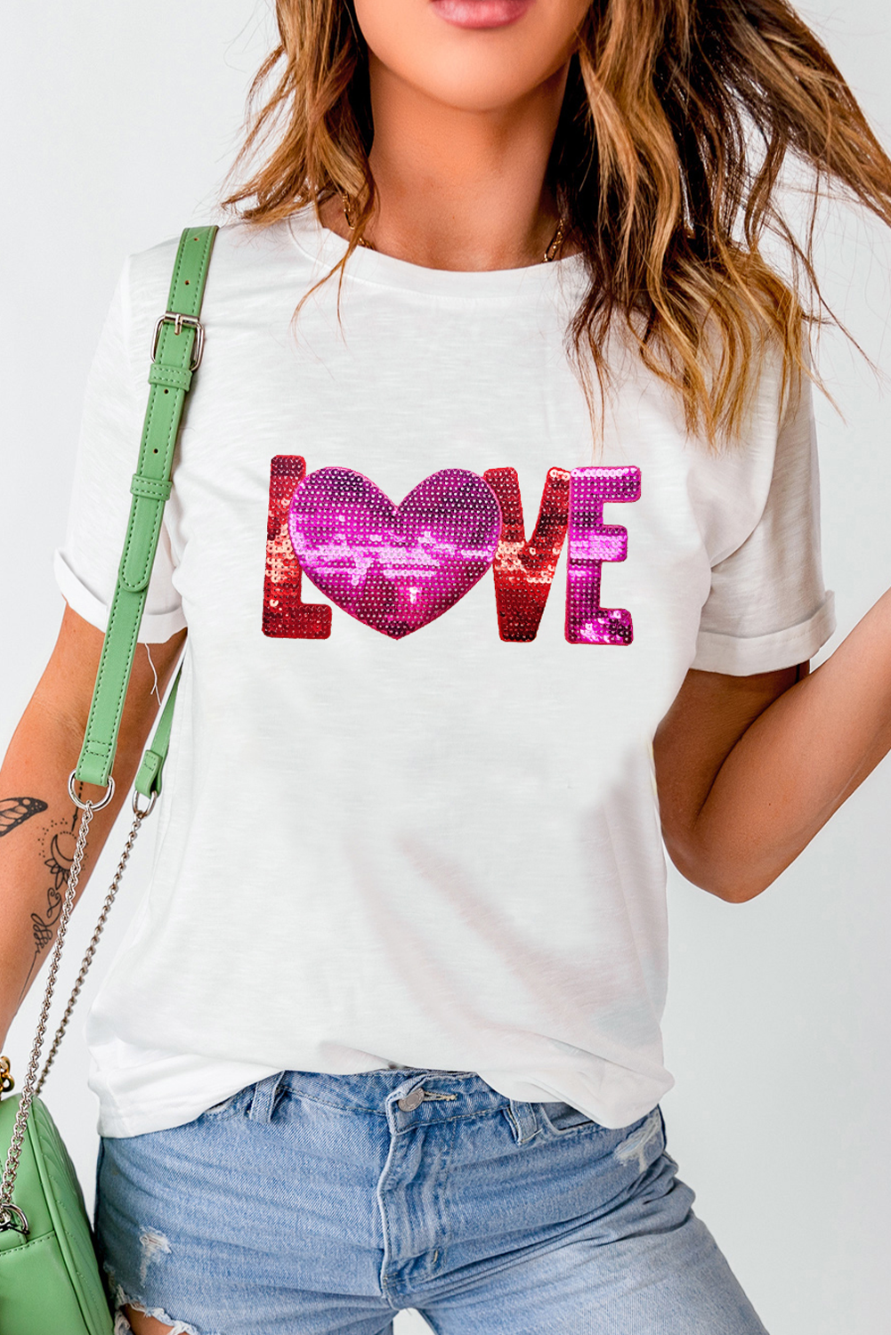 White Heart LOVE Patched Pattern Crewneck Valentines T Shirt-Graphic Tees-[Adult]-[Female]-2022 Online Blue Zone Planet