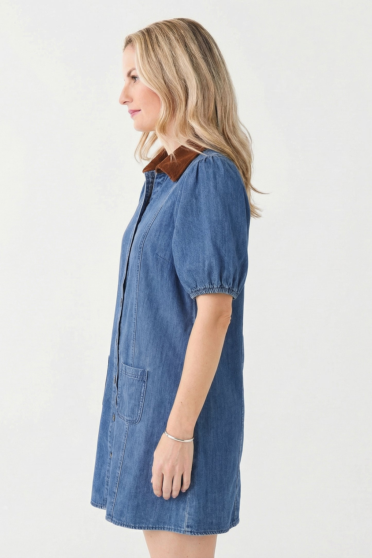 Blue Denim Short Puff Sleeve Color Block Shirt Collar Patchwork Mini Dress-Dresses/Mini Dresses-[Adult]-[Female]-2022 Online Blue Zone Planet