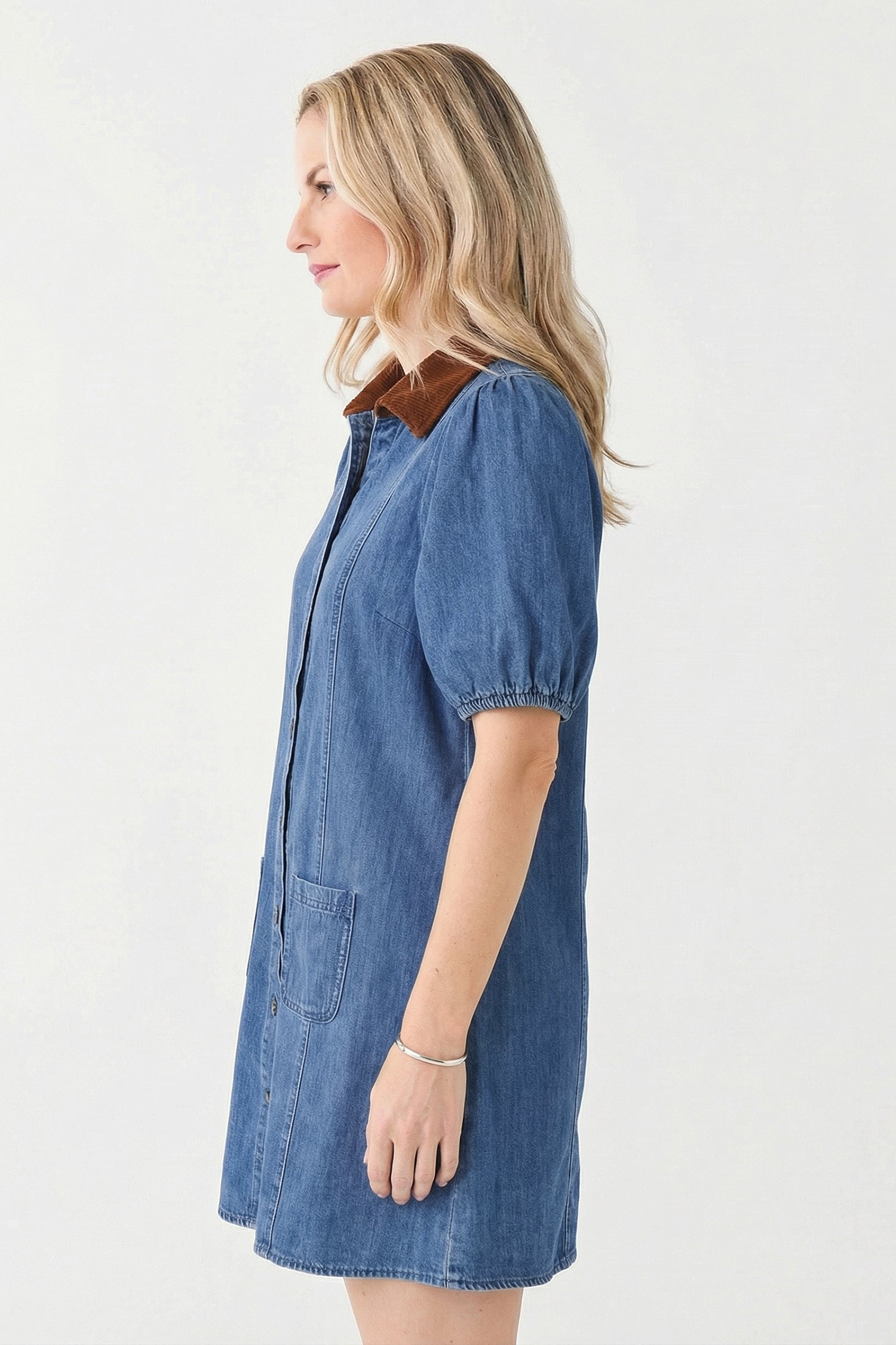 Blue Denim Short Puff Sleeve Color Block Shirt Collar Patchwork Mini Dress-Dresses/Mini Dresses-[Adult]-[Female]-2022 Online Blue Zone Planet