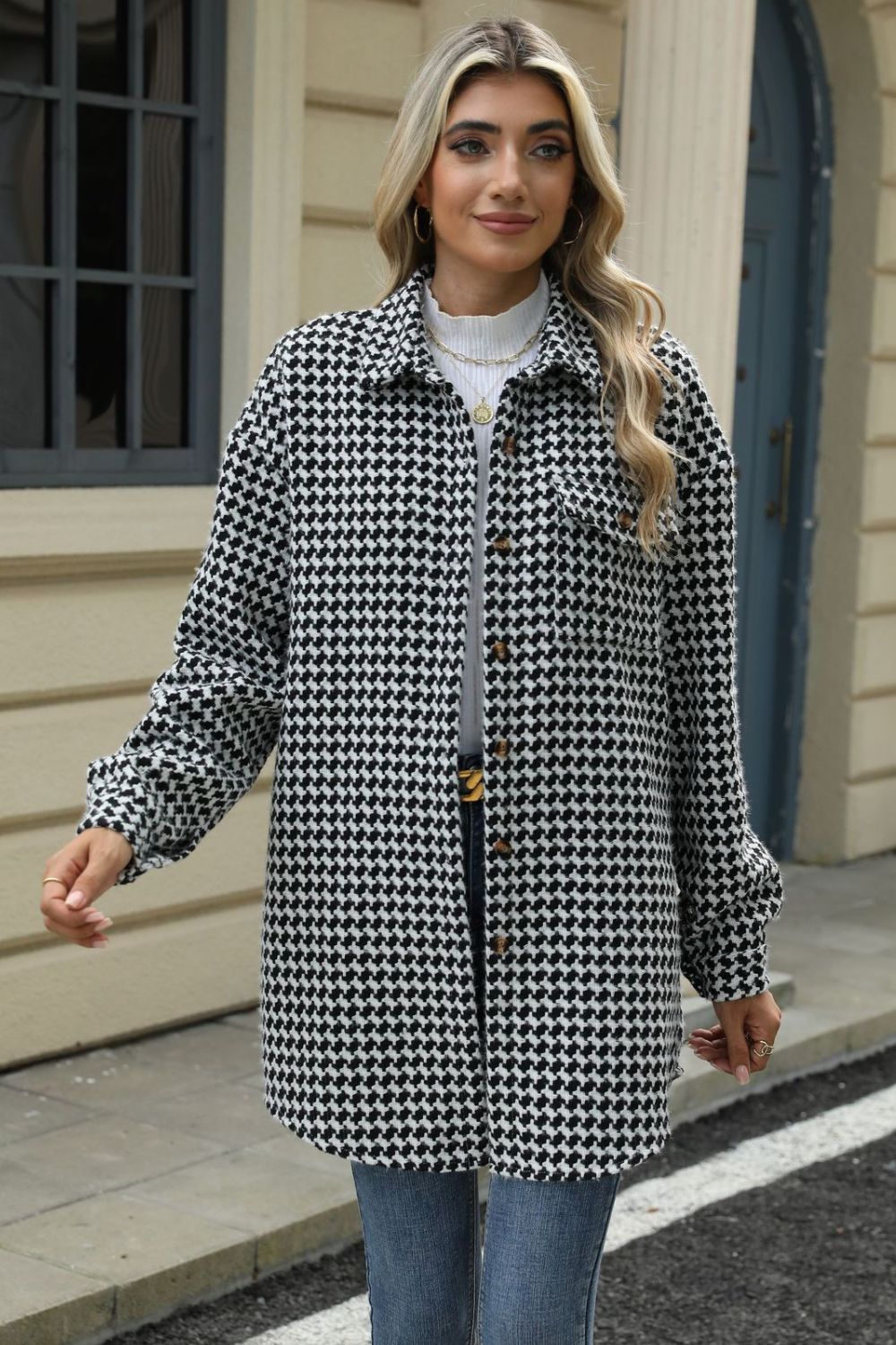 Houndstooth Button Up Dropped Shoulder Coat-TOPS / DRESSES-[Adult]-[Female]-2022 Online Blue Zone Planet