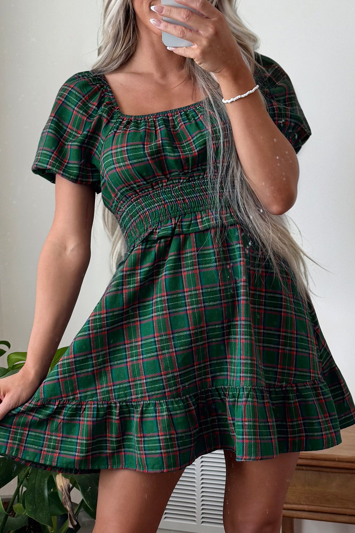 Green Plaid Shirred U Neck Short Sleeve Mini Dress-TOPS / DRESSES-[Adult]-[Female]-2022 Online Blue Zone Planet