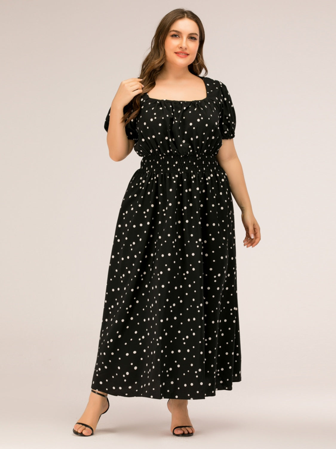 Plus Size Polka Dot Square Neck Dress-TOPS / DRESSES-[Adult]-[Female]-Black-1XL-2022 Online Blue Zone Planet